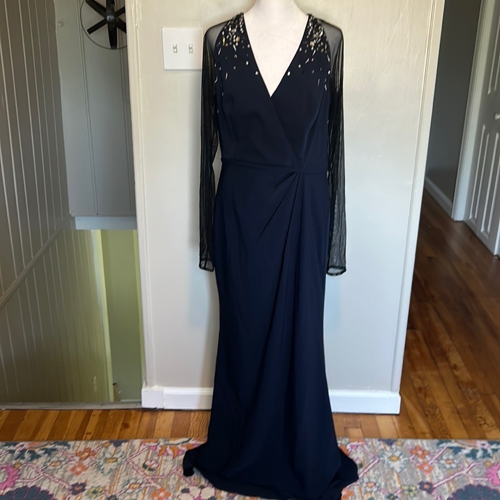 Pamella Roland Navy Blue Evening Gown Sequin Bead Detail with Mesh Size 12